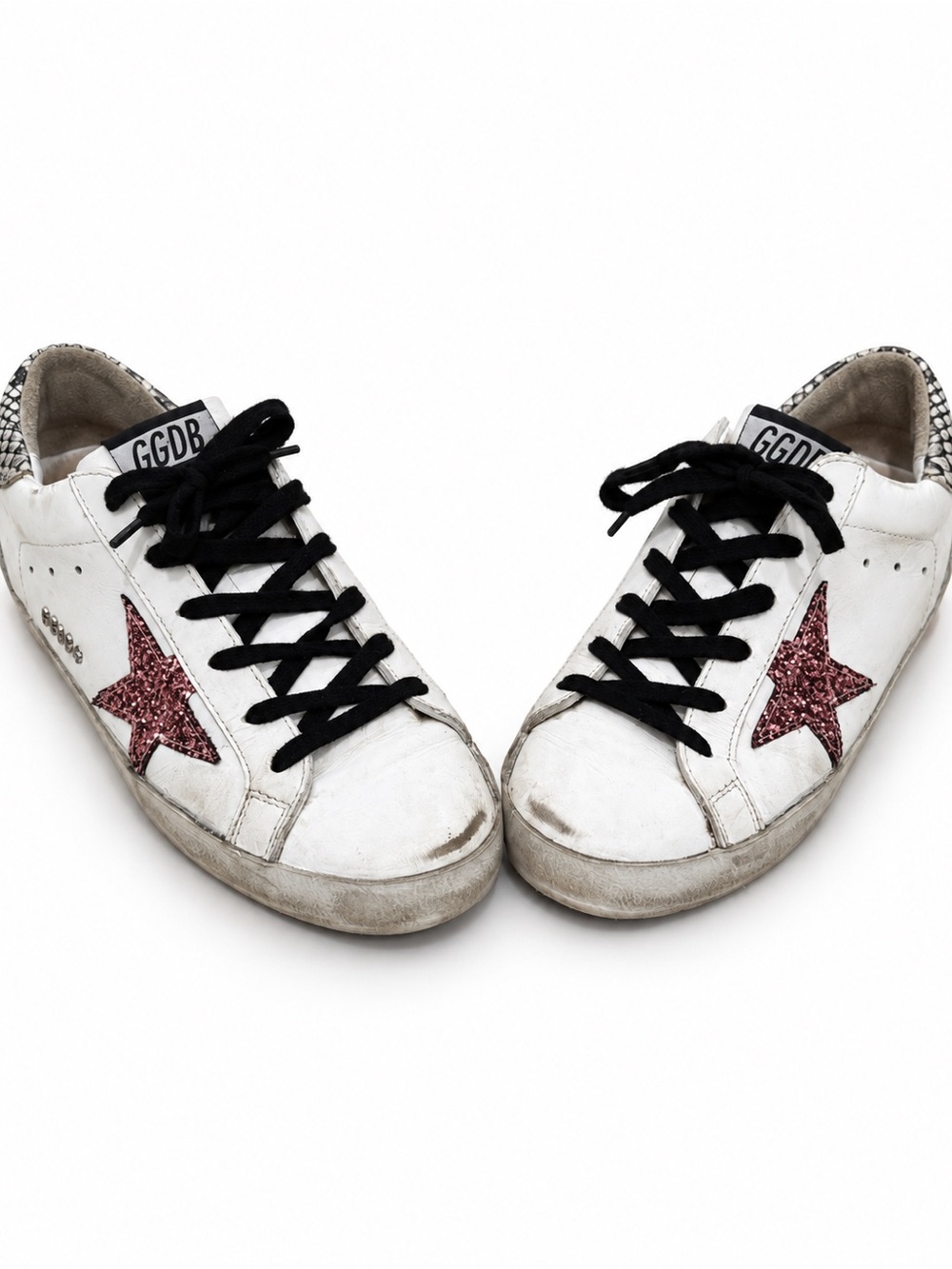 Golden Goose White Sneakers with Pink Glitter Star and Black Laces - Low Top